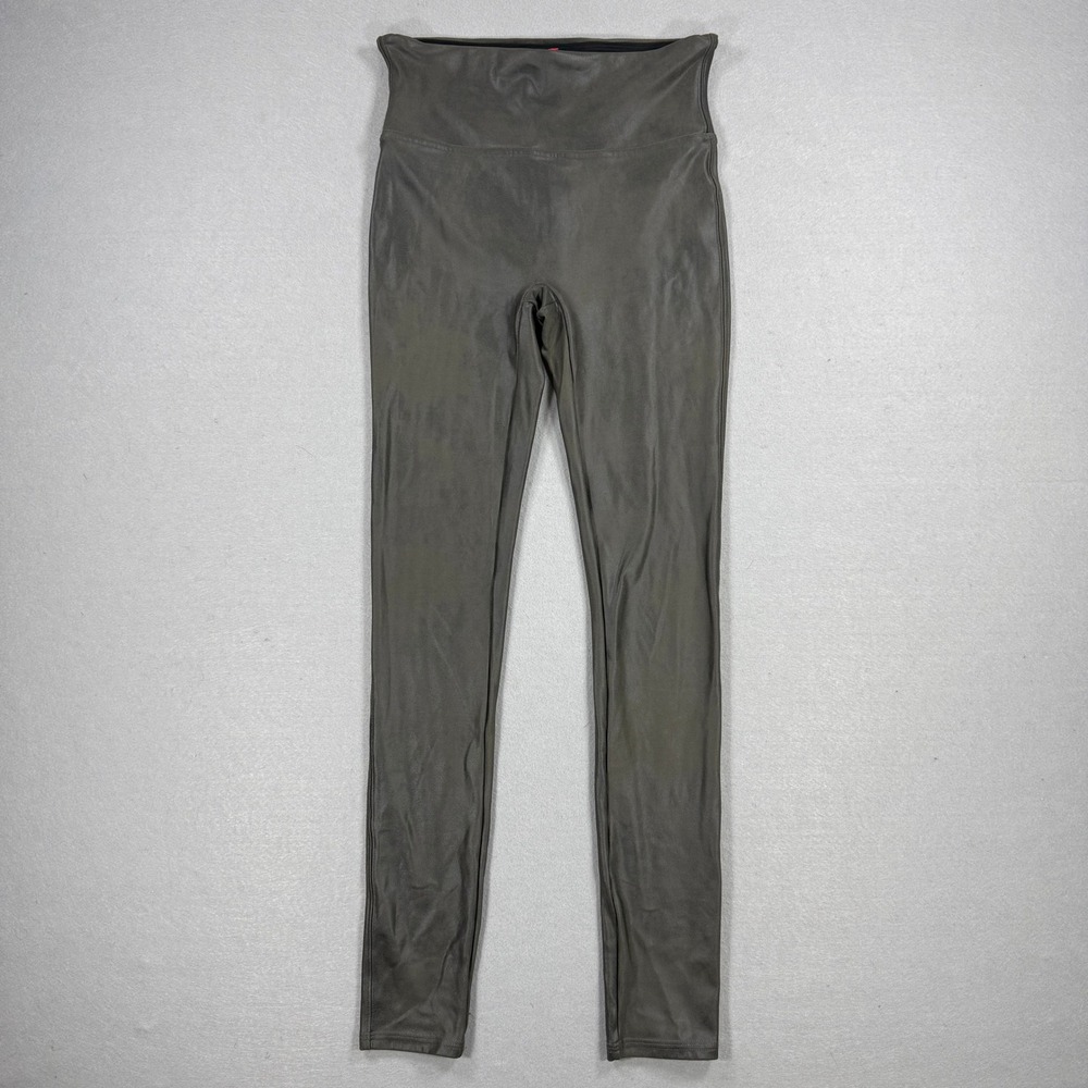 Spanx‎ Faux Leather Leggings Womens M Olive High Waisted Shaping Pull On Skinny